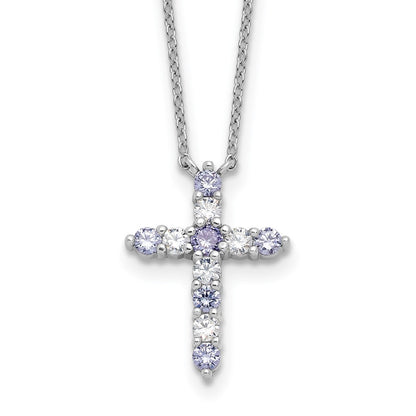 Sterling Silver Rhodium Plated Lt Purple CZ June Birthstone Cross w/2in Ext Necklace