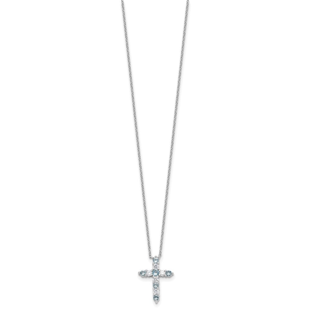 Sterling Silver Rhodium Plated Lt Blue CZ March Birthstone Cross w/2in Ext Necklace