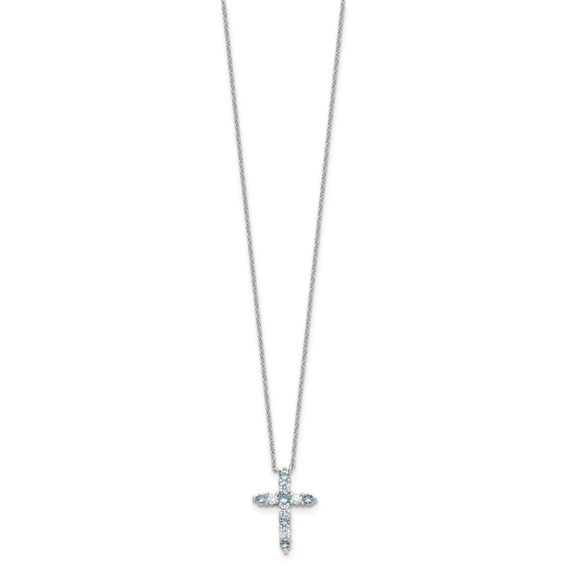Sterling Silver Rhodium Plated Lt Blue CZ March Birthstone Cross w/2in Ext Necklace
