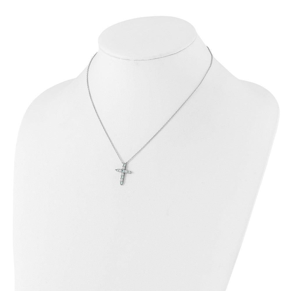 Sterling Silver Rhodium Plated Lt Blue CZ March Birthstone Cross w/2in Ext Necklace