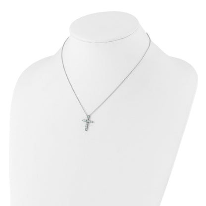 Sterling Silver Rhodium Plated Lt Blue CZ March Birthstone Cross w/2in Ext Necklace