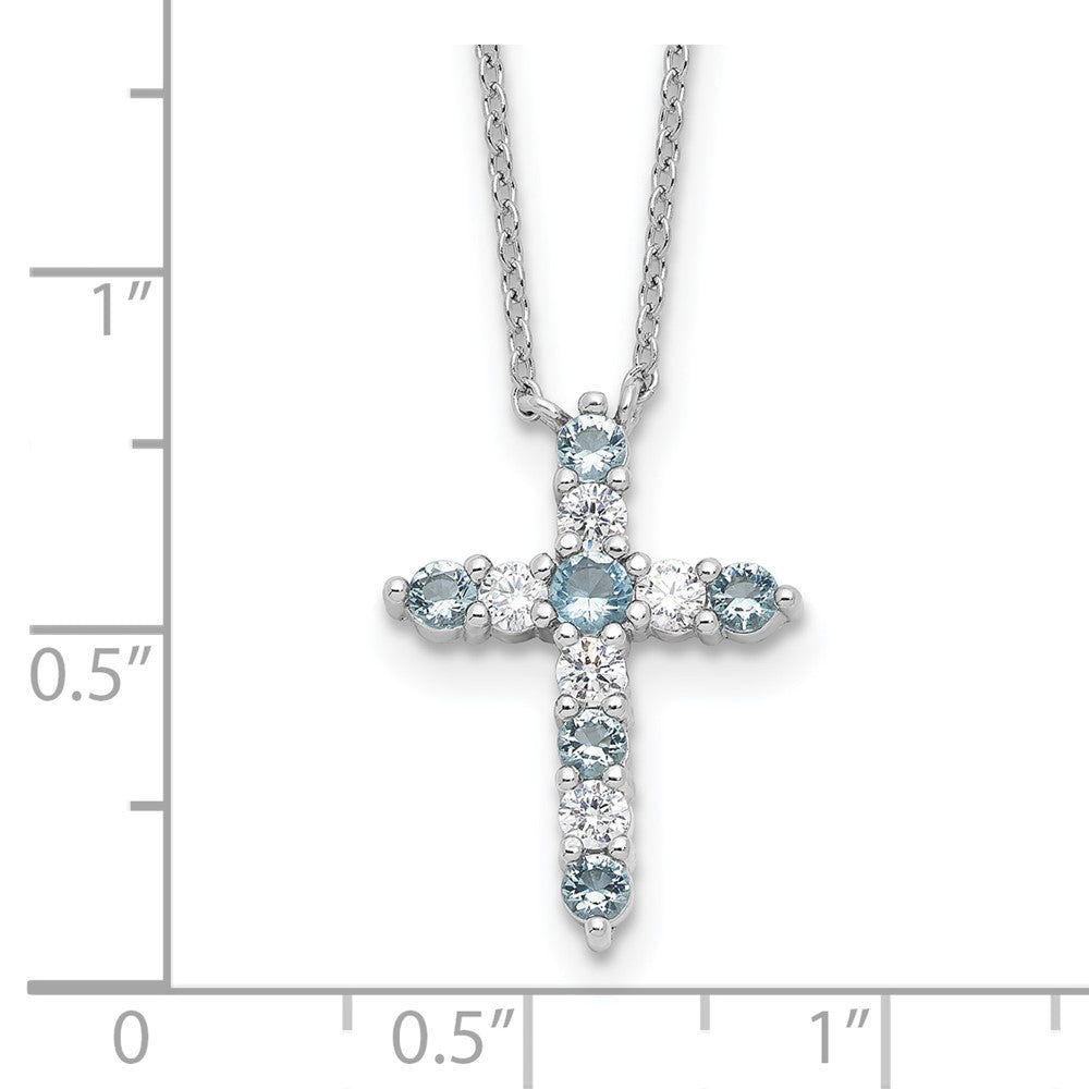 Sterling Silver Rhodium Plated Lt Blue CZ March Birthstone Cross w/2in Ext Necklace
