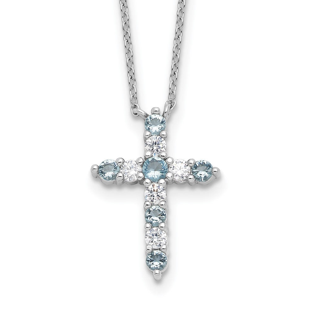 Sterling Silver Rhodium Plated Lt Blue CZ March Birthstone Cross w/2in Ext Necklace
