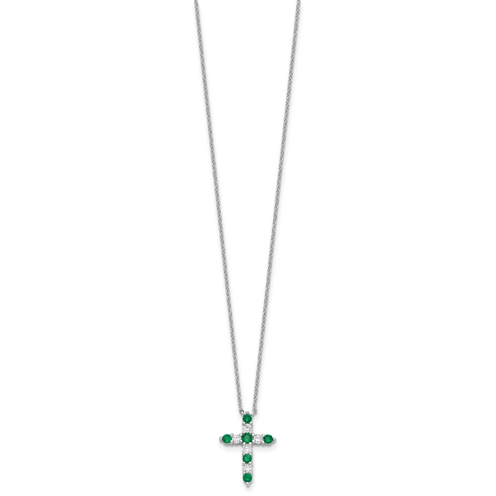 Sterling Silver Rhodium Plated Green CZ May Birthstone Cross w/2in Ext Necklace