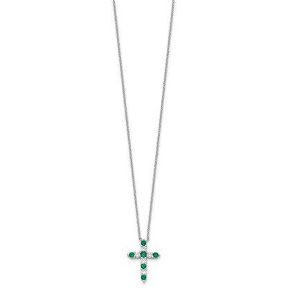 Sterling Silver Rhodium Plated Green CZ May Birthstone Cross w/2in Ext Necklace