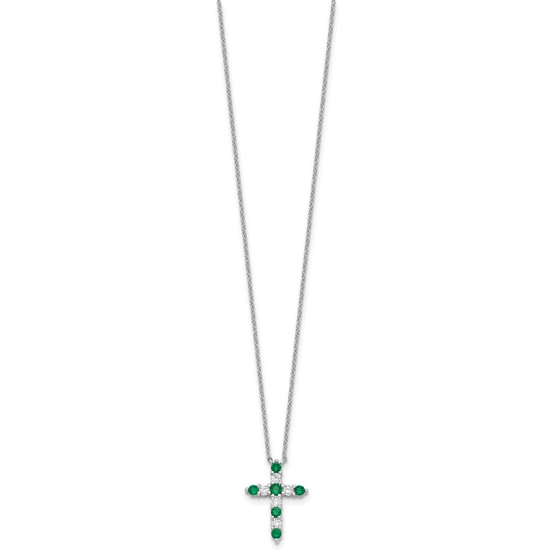 Sterling Silver Rhodium Plated Green CZ May Birthstone Cross w/2in Ext Necklace
