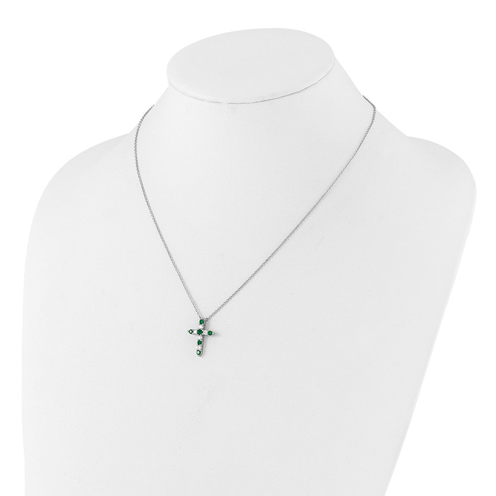 Sterling Silver Rhodium Plated Green CZ May Birthstone Cross w/2in Ext Necklace
