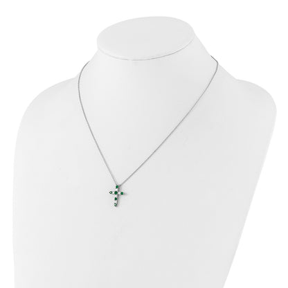Sterling Silver Rhodium Plated Green CZ May Birthstone Cross w/2in Ext Necklace
