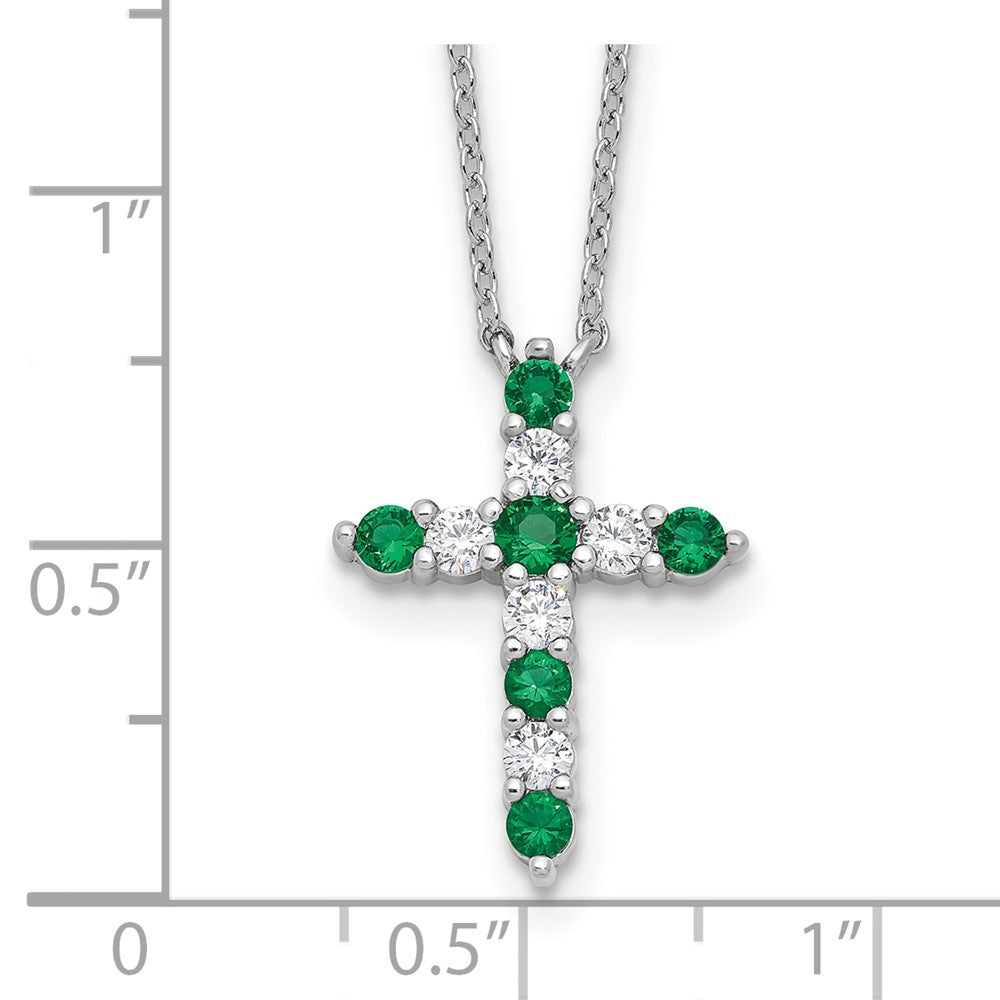 Sterling Silver Rhodium Plated Green CZ May Birthstone Cross w/2in Ext Necklace