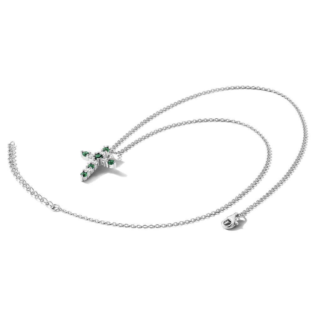Sterling Silver Rhodium Plated Green CZ May Birthstone Cross w/2in Ext Necklace