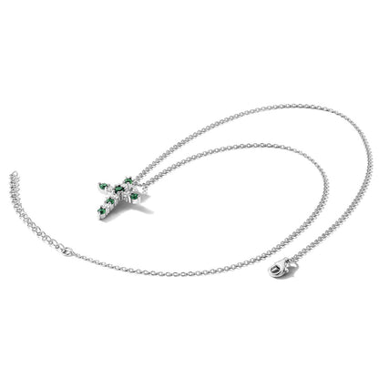 Sterling Silver Rhodium Plated Green CZ May Birthstone Cross w/2in Ext Necklace