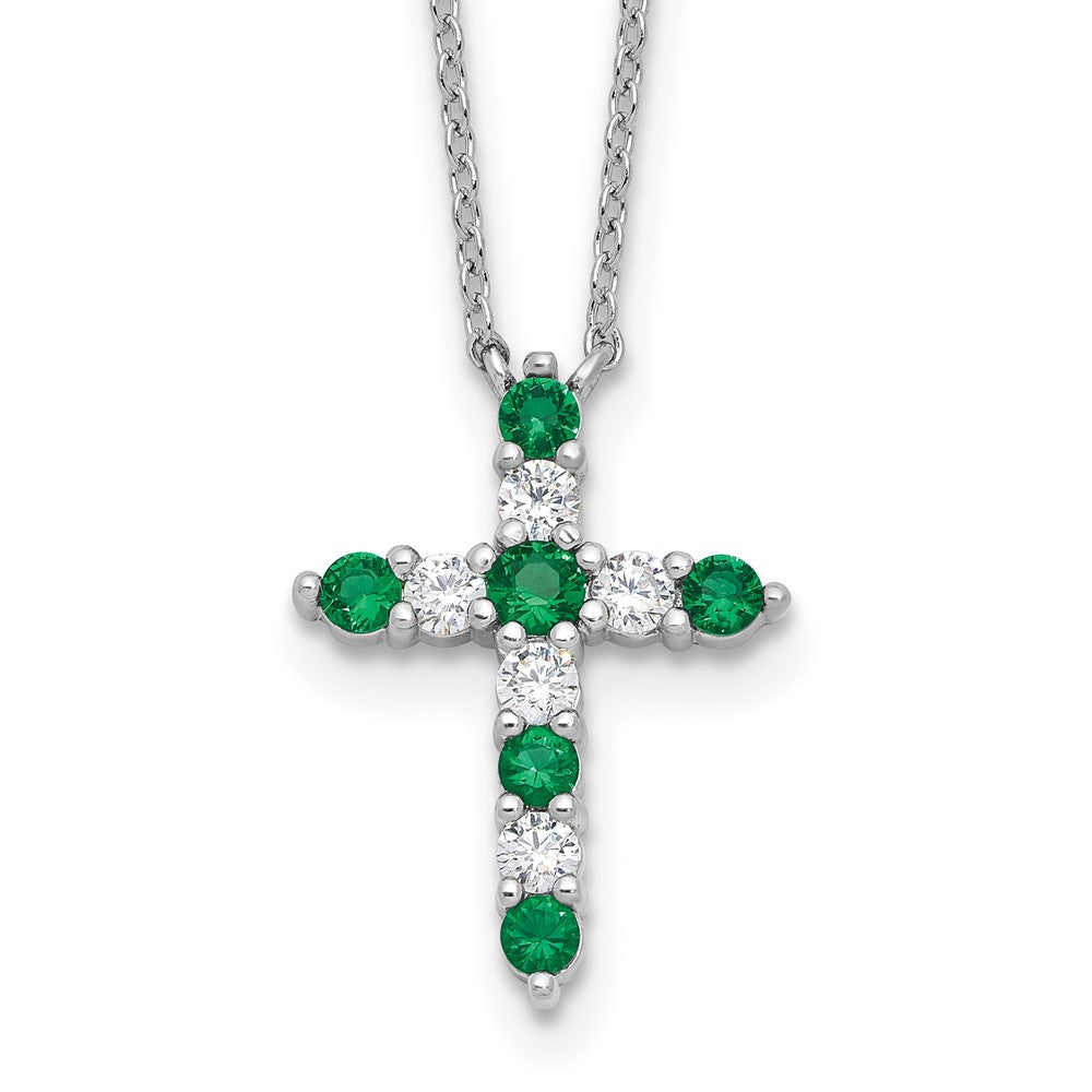 Sterling Silver Rhodium Plated Green CZ May Birthstone Cross w/2in Ext Necklace
