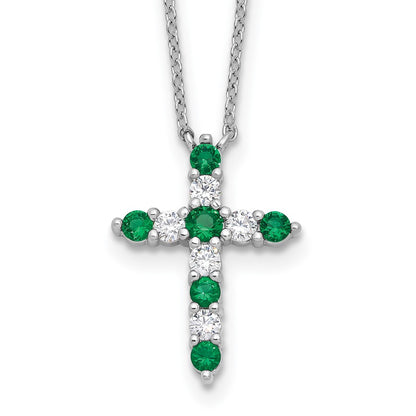 Sterling Silver Rhodium Plated Green CZ May Birthstone Cross w/2in Ext Necklace
