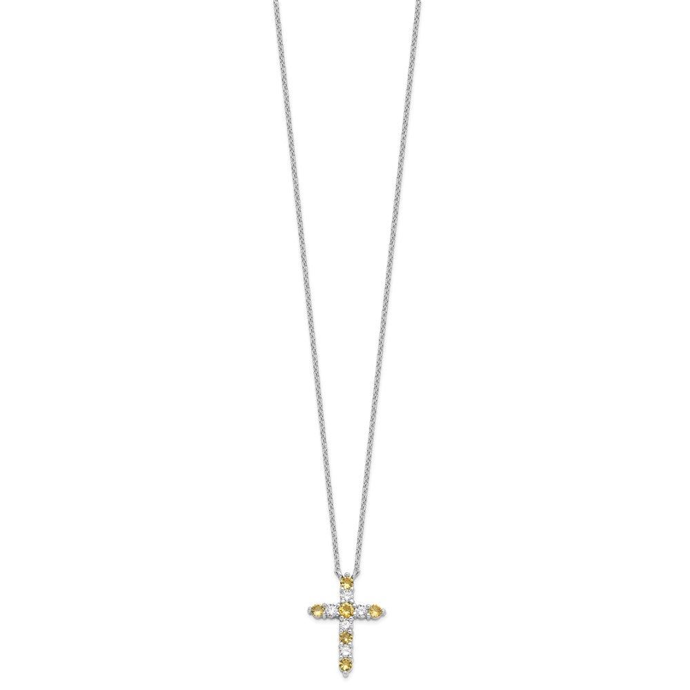 Sterling Silver Rhodium Plated Yellow CZ Nov Birthstone Cross w/2in Ext Necklace
