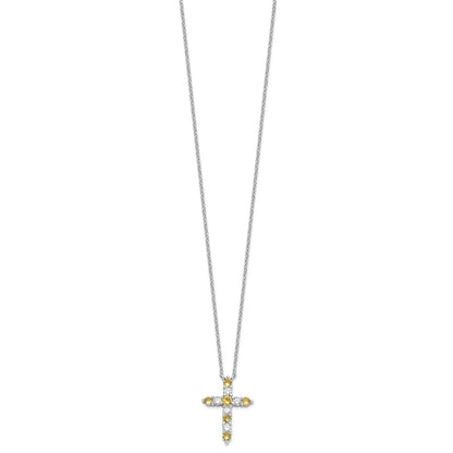 Sterling Silver Rhodium Plated Yellow CZ Nov Birthstone Cross w/2in Ext Necklace