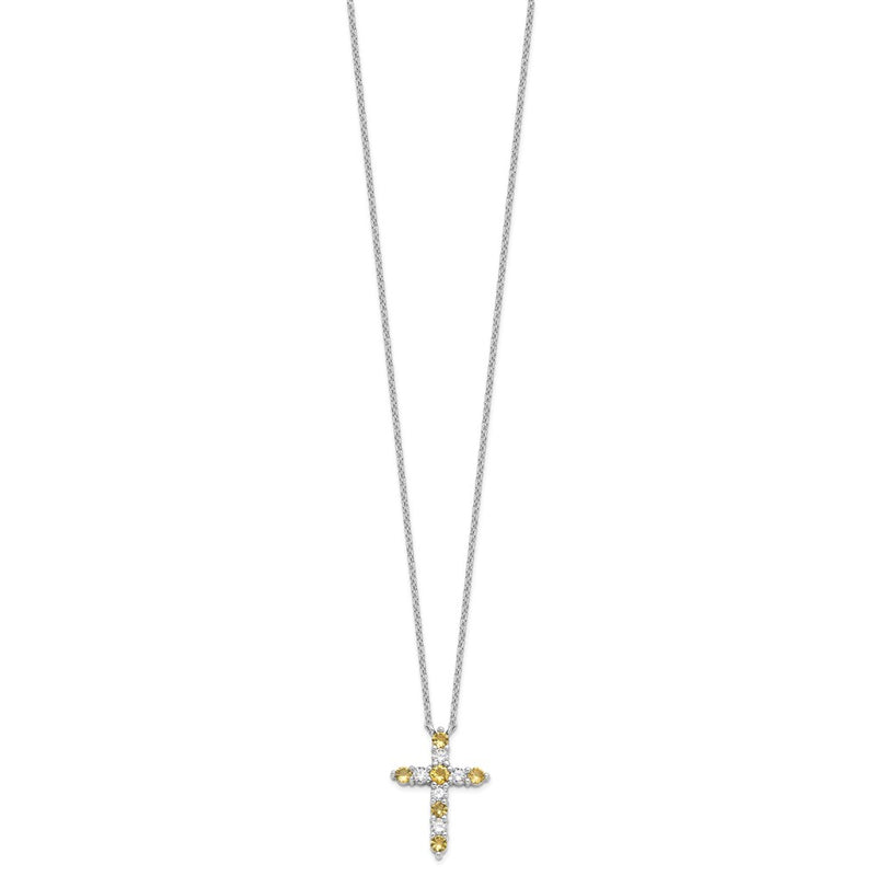 Sterling Silver Rhodium Plated Yellow CZ Nov Birthstone Cross w/2in Ext Necklace