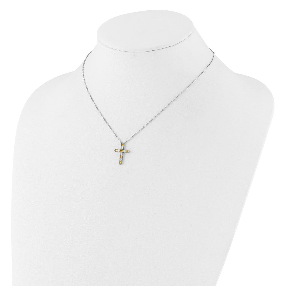 Sterling Silver Rhodium Plated Yellow CZ Nov Birthstone Cross w/2in Ext Necklace