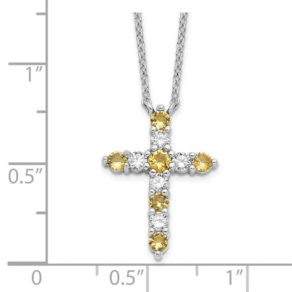 Sterling Silver Rhodium Plated Yellow CZ Nov Birthstone Cross w/2in Ext Necklace