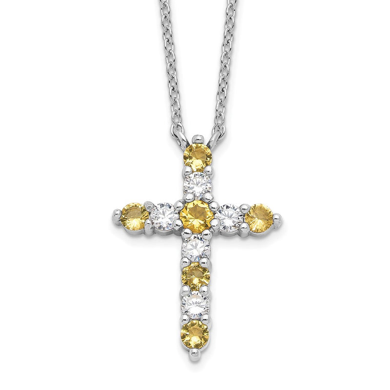 Sterling Silver Rhodium Plated Yellow CZ Nov Birthstone Cross w/2in Ext Necklace