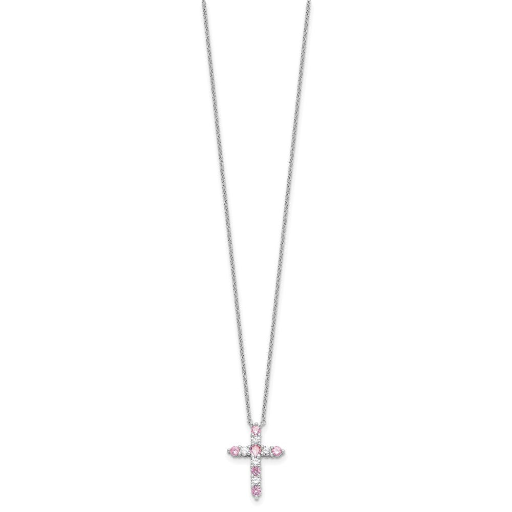Sterling Silver Rhodium Plated Pink CZ October Birthstone Cross w/2in Ext Necklace