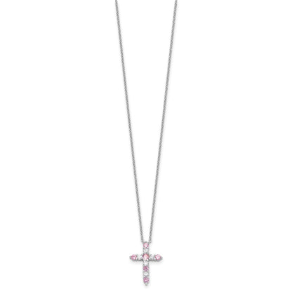 Sterling Silver Rhodium Plated Pink CZ October Birthstone Cross w/2in Ext Necklace