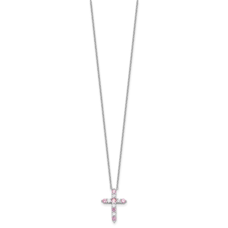 Sterling Silver Rhodium Plated Pink CZ October Birthstone Cross w/2in Ext Necklace
