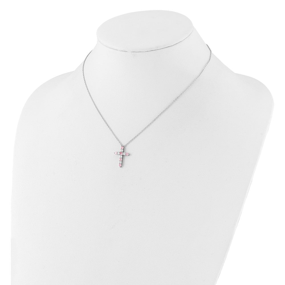 Sterling Silver Rhodium Plated Pink CZ October Birthstone Cross w/2in Ext Necklace