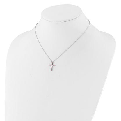 Sterling Silver Rhodium Plated Pink CZ October Birthstone Cross w/2in Ext Necklace