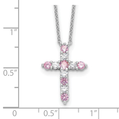 Sterling Silver Rhodium Plated Pink CZ October Birthstone Cross w/2in Ext Necklace
