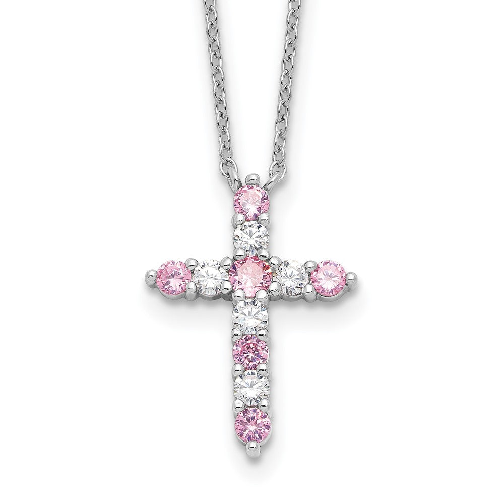 Sterling Silver Rhodium Plated Pink CZ October Birthstone Cross w/2in Ext Necklace