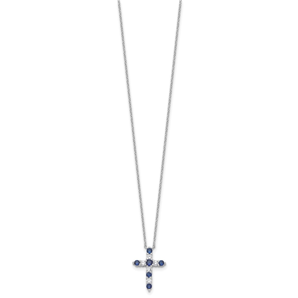 Sterling Silver Rhodium Plated Dark Blue CZ Sept Birthstone Cross w/2in Ext Necklace