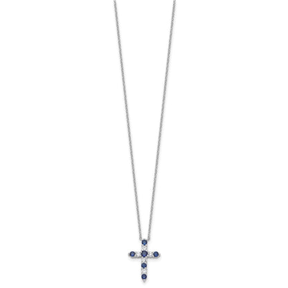 Sterling Silver Rhodium Plated Dark Blue CZ Sept Birthstone Cross w/2in Ext Necklace