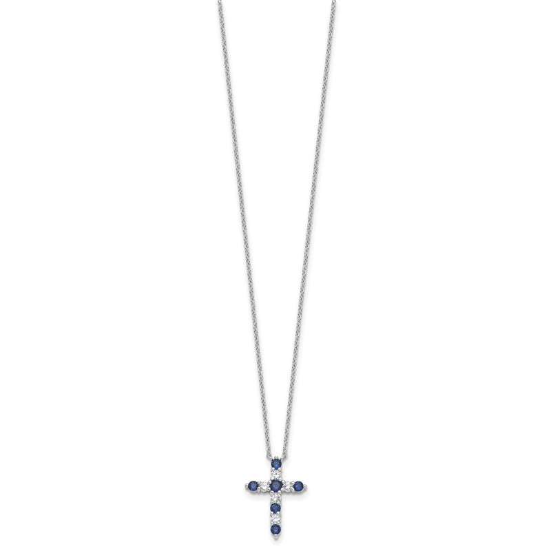 Sterling Silver Rhodium Plated Dark Blue CZ Sept Birthstone Cross w/2in Ext Necklace