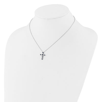 Sterling Silver Rhodium Plated Dark Blue CZ Sept Birthstone Cross w/2in Ext Necklace