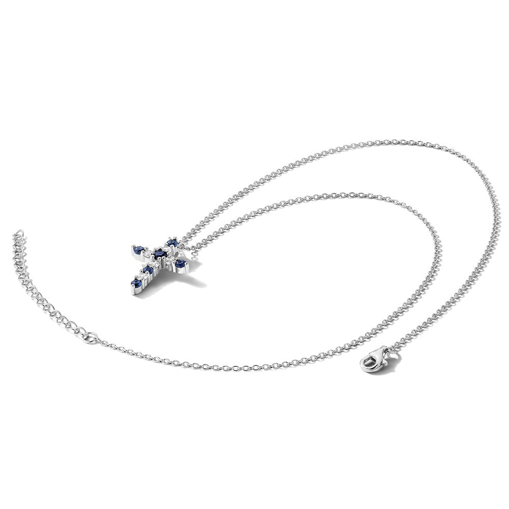 Sterling Silver Rhodium Plated Dark Blue CZ Sept Birthstone Cross w/2in Ext Necklace