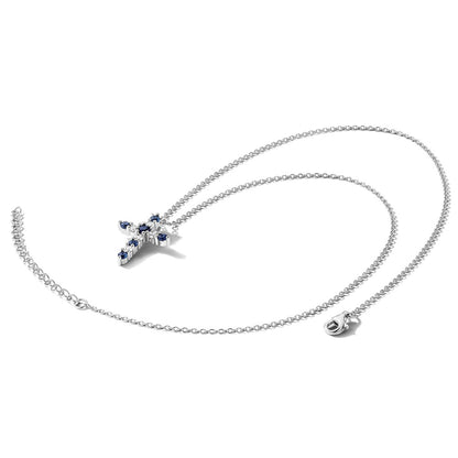 Sterling Silver Rhodium Plated Dark Blue CZ Sept Birthstone Cross w/2in Ext Necklace