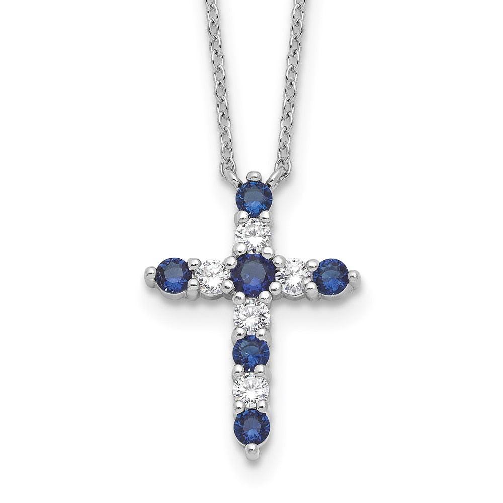 Sterling Silver Rhodium Plated Dark Blue CZ Sept Birthstone Cross w/2in Ext Necklace