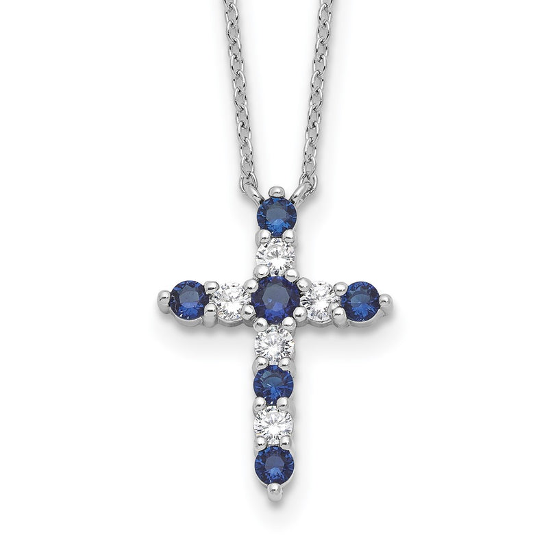 Sterling Silver Rhodium Plated Dark Blue CZ Sept Birthstone Cross w/2in Ext Necklace