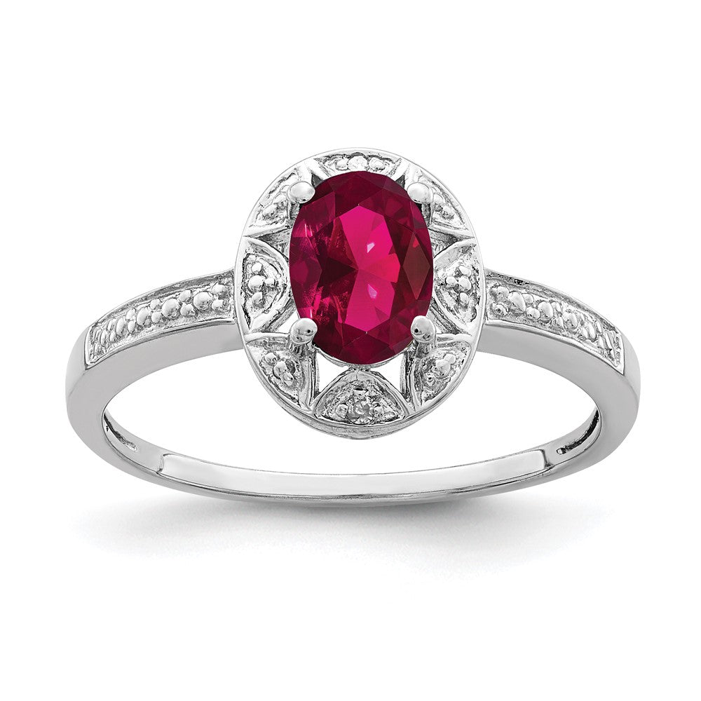 Sterling Silver Rhodium-Plated Diam. & Created Ruby Ring