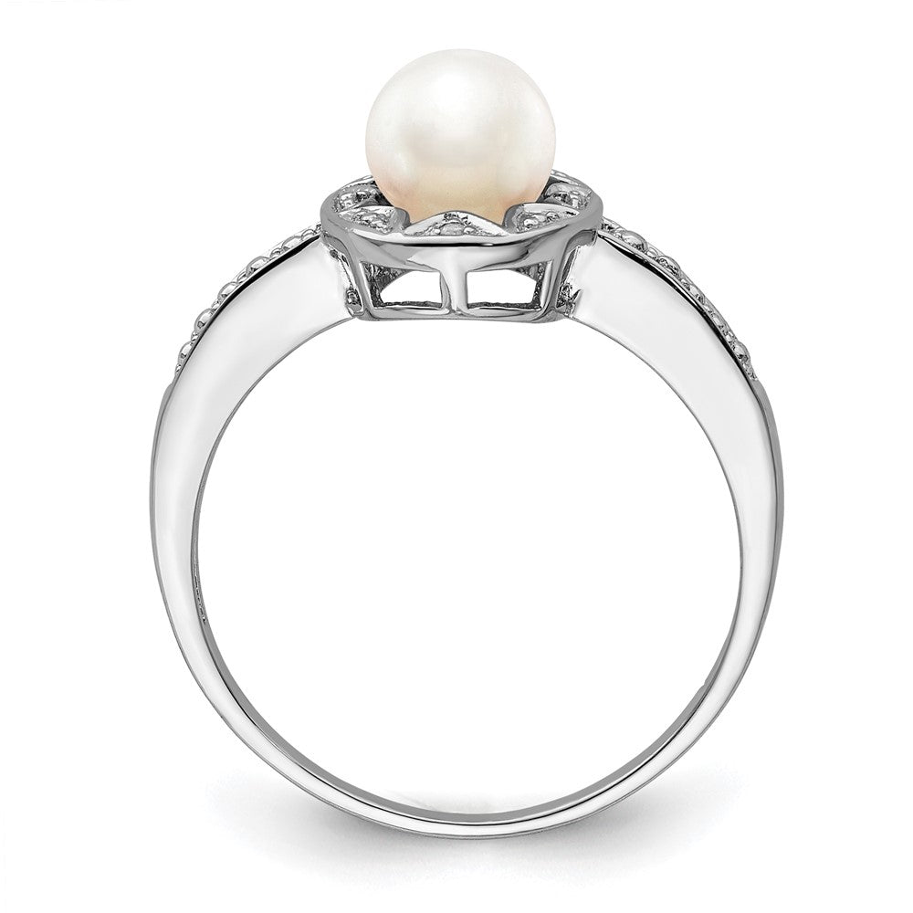 Sterling Silver Rhodium-Plated Diam. & Fw Cultured Pearl Ring