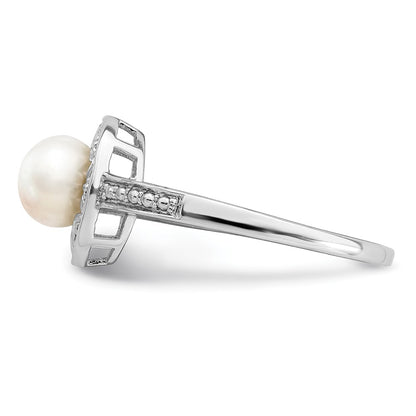 Sterling Silver Rhodium-Plated Diam. & Fw Cultured Pearl Ring