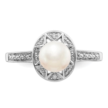 Sterling Silver Rhodium-Plated Diam. & Fw Cultured Pearl Ring