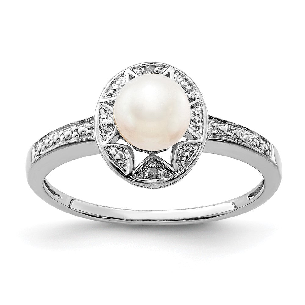 Sterling Silver Rhodium-Plated Diam. & Fw Cultured Pearl Ring