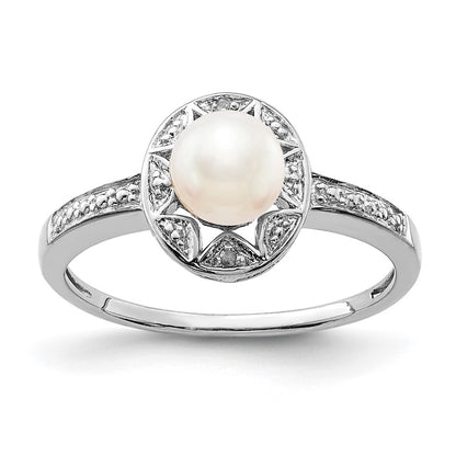 Sterling Silver Rhodium-Plated Diam. & Fw Cultured Pearl Ring