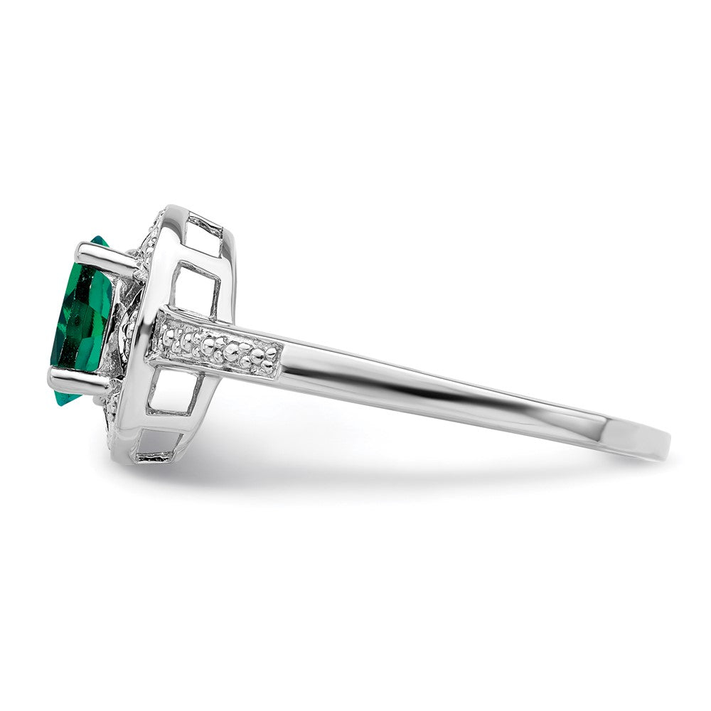 Sterling Silver Rhodium-Plated Diam. & Created Emerald Ring