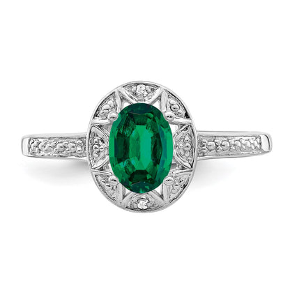 Sterling Silver Rhodium-Plated Diam. & Created Emerald Ring