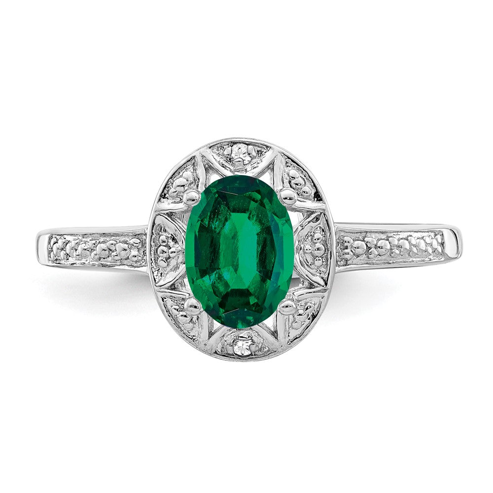 Sterling Silver Rhodium-Plated Diam. & Created Emerald Ring