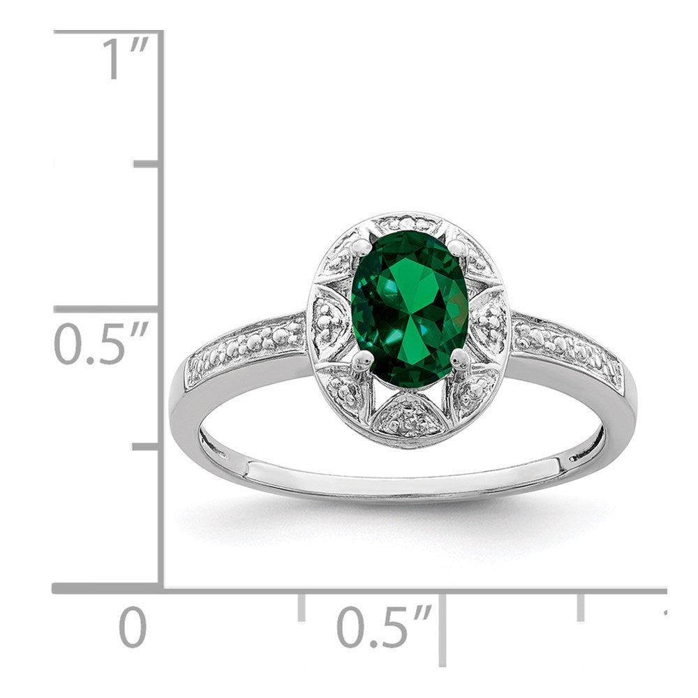 Sterling Silver Rhodium-Plated Diam. & Created Emerald Ring