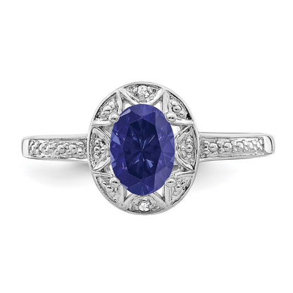 Sterling Silver Rhodium-Plated Diam. & Created Sapphire Ring