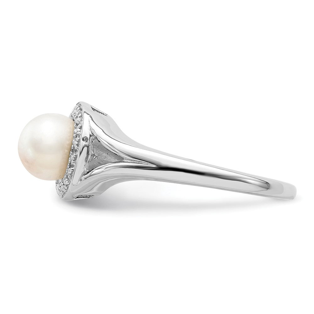 Sterling Silver Rhodium-Plated Diam. & Fw Cultured Pearl Ring